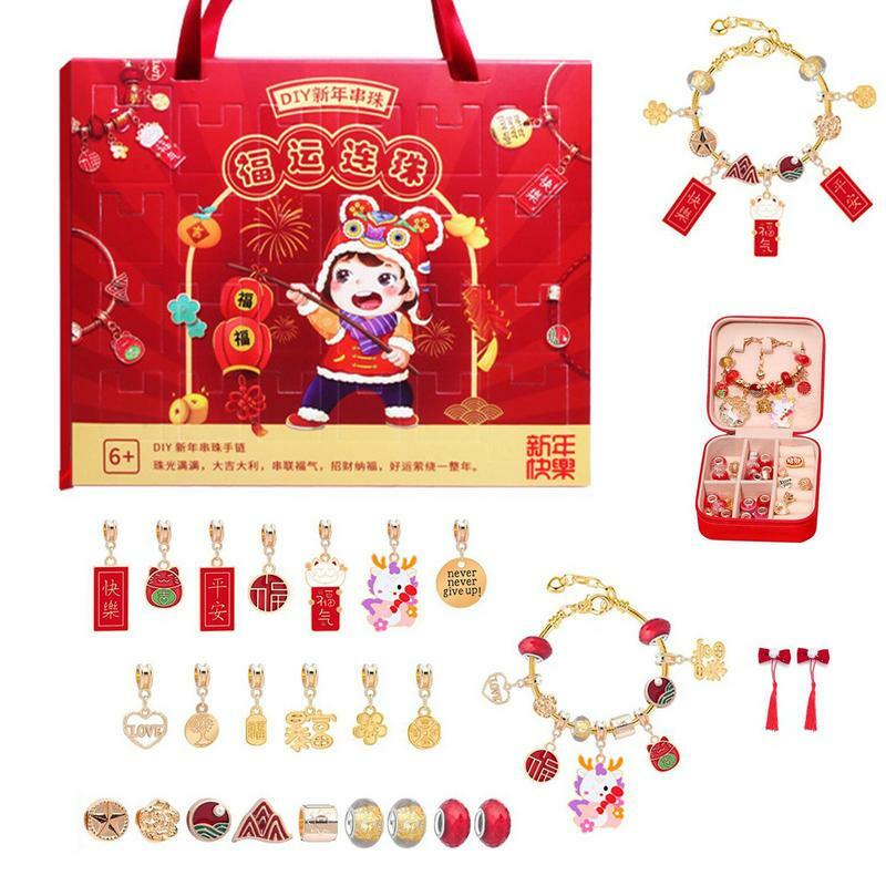 Calendrier de l'avent des bracelets de l'année du dragon, compte à rebours 24 jours, bijoux à bricoler soi-même, cadeaux créatifs du nouvel an chinois pour les enfants, 2024