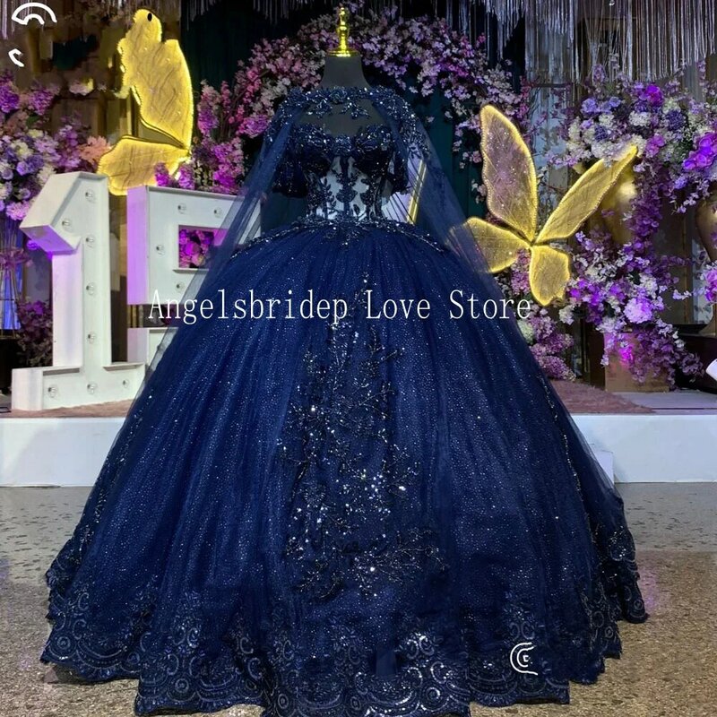 Angelsbridep-Robe de RhQuinceanera bleu marine avec cape, robes de princesse de luxe, fête d'anniversaire, 15 ans, 2024
