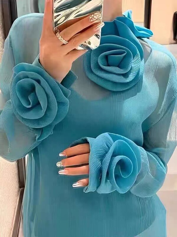 Primavera estate 2024 nuovo Top per donna due pezzi Design fiori tridimensionali camicia in Chiffon sottile trasparente manica lunga 4390