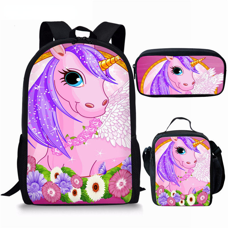 Novità di moda popolare divertente unicorno stampa 3D 3 pz/set borse da scuola per studenti zaino per Laptop zaino per pranzo astuccio per matite