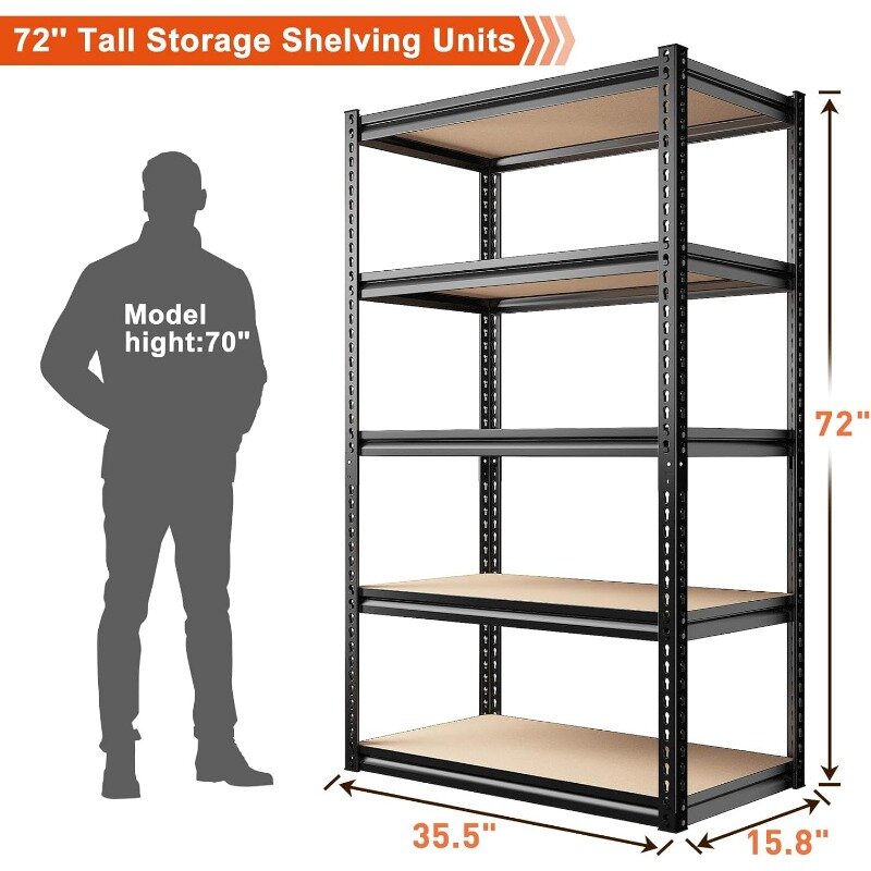 REIBII 72" H Heavy Duty Shelving Adjustable 5 Tier Metal Shelves 2000LBS for Warehouse Pantry Basement