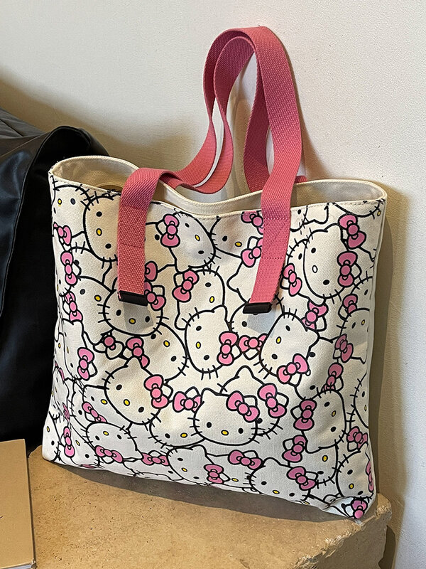 Симпатичная Кейти Холщовая Сумка для женщин 2024 новая мультяшная Большая вместительная сумка через плечо сумка-тоут через плечо