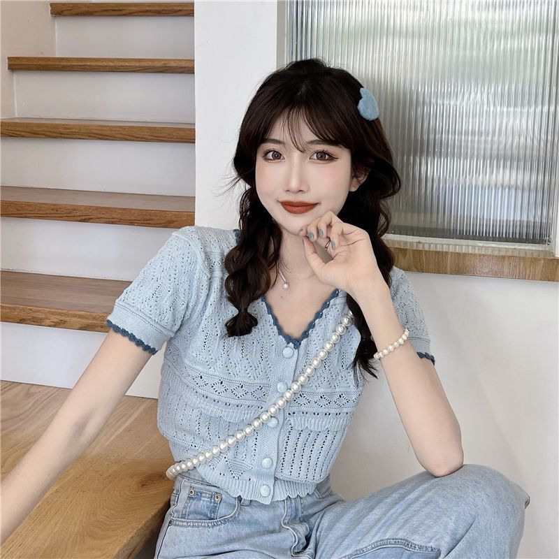 Cardigã de harajuku feminino oco, camiseta com decote em v, patchwork in, manga curta, chique casual básico, camiseta elegante, estilo coreano, verão
