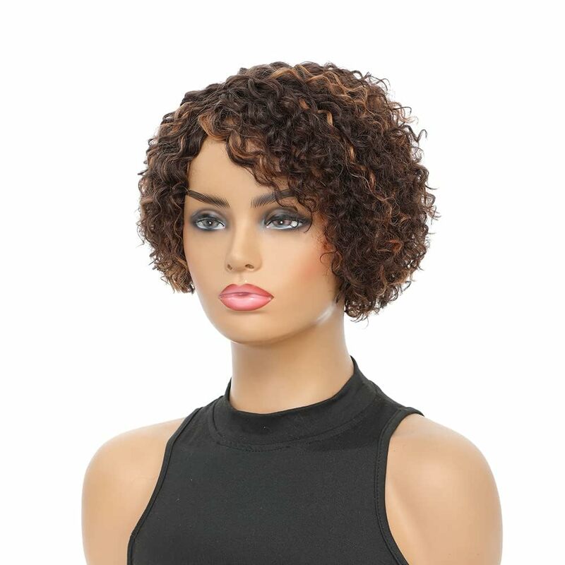 Wig 100% keriting panas Wig rambut manusia untuk wanita hitam dengan besar mengembang Halus 8 inci Wig bagian sisi gelombang keriting potongan Pixie Brasil