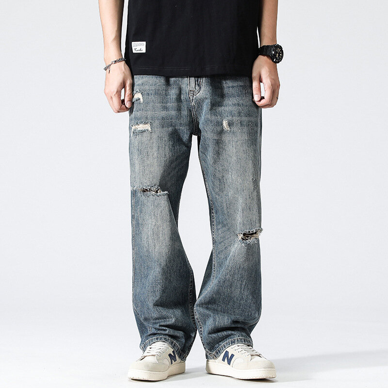 New Spring Summer 2022 Vintage Blue Ripped Pants Loose Straight Casual Wide Leg Jeans Baggy Jeans Streetwear Men