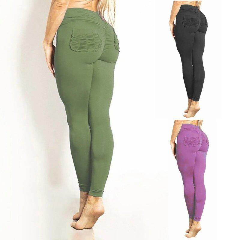 Pantalones de Yoga de Color sólido de cintura alta para mujer, ropa de gimnasio ajustada con decoración de bolsillo, disfraz, pantalones de Yoga elásticos de moda