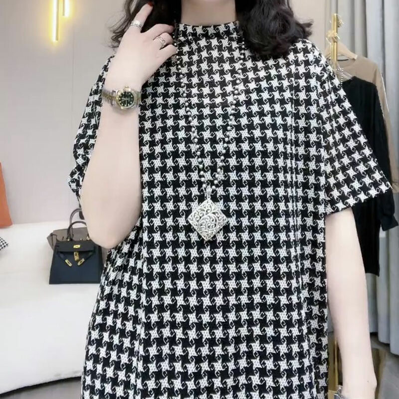 Fashion Houndstooth Thin Pullovers Female Clothing Casual Half High Collar All-match Summer Short Sleeve Korean Printed T-shirt