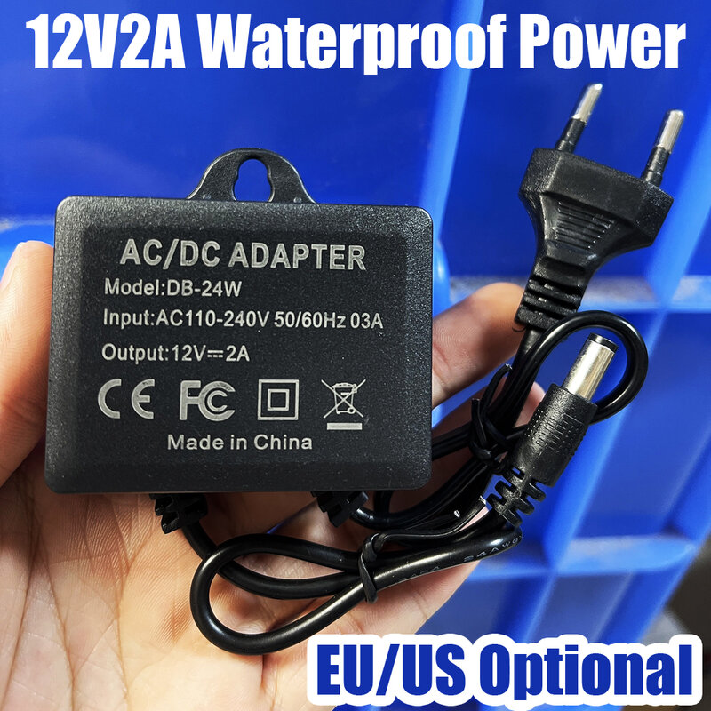 Adaptador convertidor de corriente para exteriores, fuente de alimentación LED de 12V y 2a, impermeable IP66, CA de 100V-240V, CC de 2000Ma, enchufe europeo y estadounidense de 5,5mm x 2,1-2,5mm