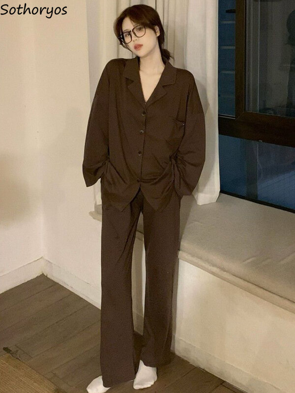 Set pigiama donna sciolto minimalista puro Design retrò stile coreano classico Lounge Wear colletto rovesciato autunno donna accogliente Trendy