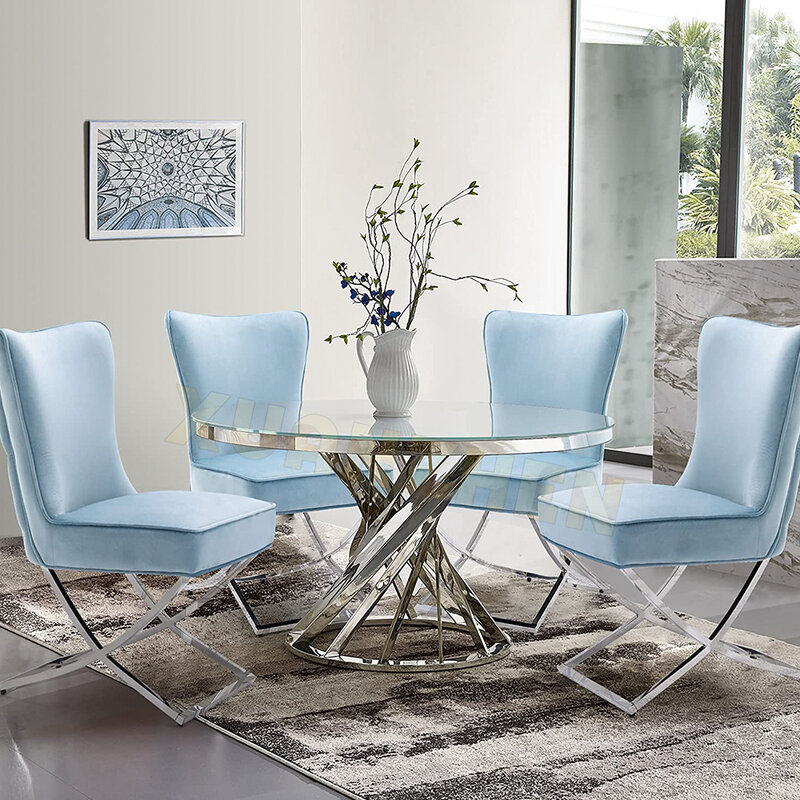 Furnitur ruang makan logam kursi ruang makan mewah modern kursi makan kain beludru