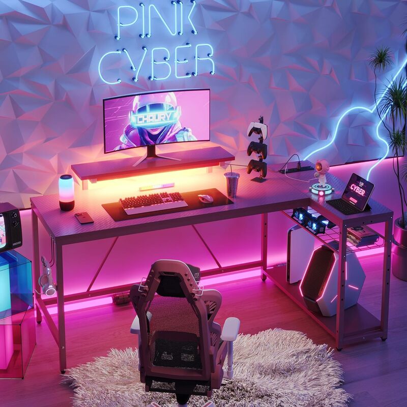 L Shaped Gaming Desk with Power Outlets,58 LED Small Corner Desk with Reversible Storage Shelves,Pink Computer Desk