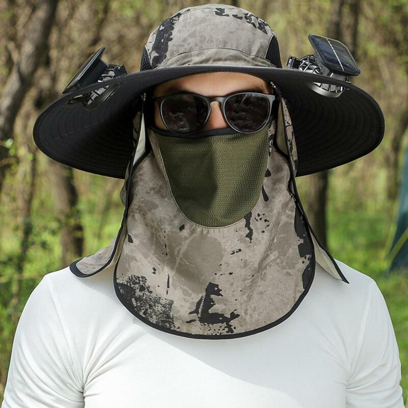 男性用つばの広い日よけ帽、取り外し可能なフェイスマスク、2つのソーラーファン、釣り帽子、単方向、屋外サンシェード