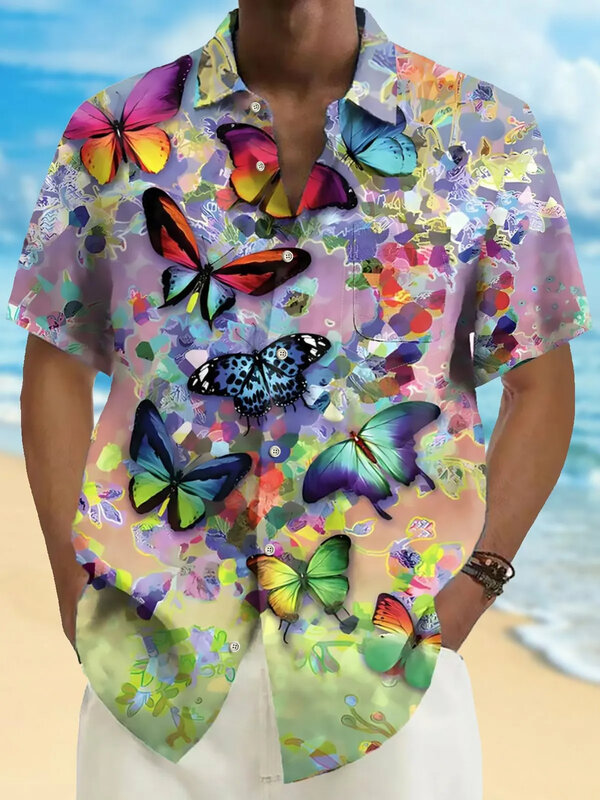 Letnia męska koszula hawajska z nadrukiem 3D, kolorowy, zapinany na guziki, z krótkim rękawem, modna koszula na co dzień na wakacje na plaży