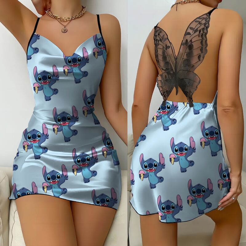 Damen kleider Bogen Knoten rücken freies Kleid Pyjama Rock Disney Stitch Satin Oberfläche Mode Sommer 2024 Party Mini sexy Spitze Disney