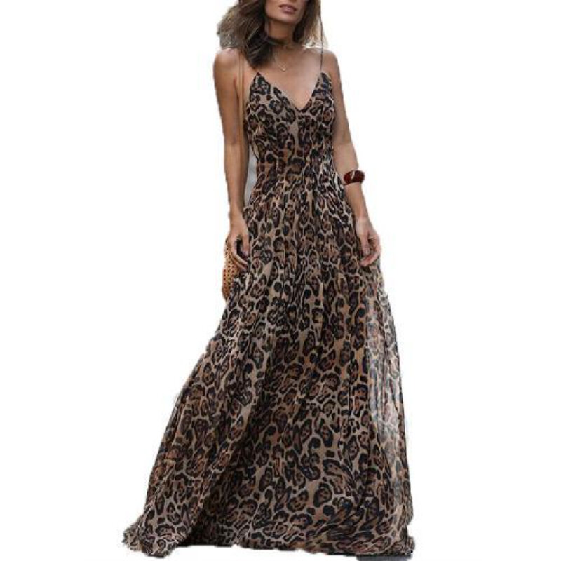 Vestido estampado Houzhou Leopard para mulheres, vestidos elegantes de festa à noite, sem mangas compridas, chiffon vintage, moda chique Y2K, sexy