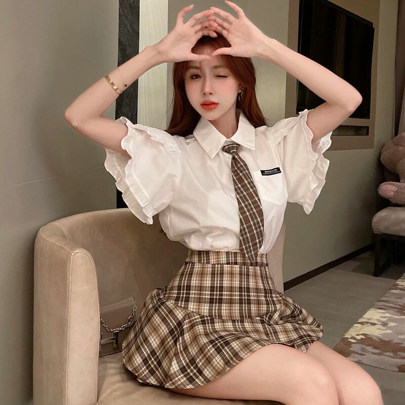 Fato escolar japonês e coreano estilo universitário feminino, camisa uniforme Jk, blusa de manga bolha, xadrez, calça metade do corpo, saia