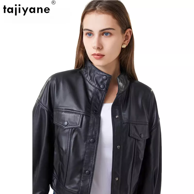 Tajiyane-jaqueta de couro feminino, pele de carneiro 100% natural, casaco casual, camurça real, outono, 9 quartos, 2023