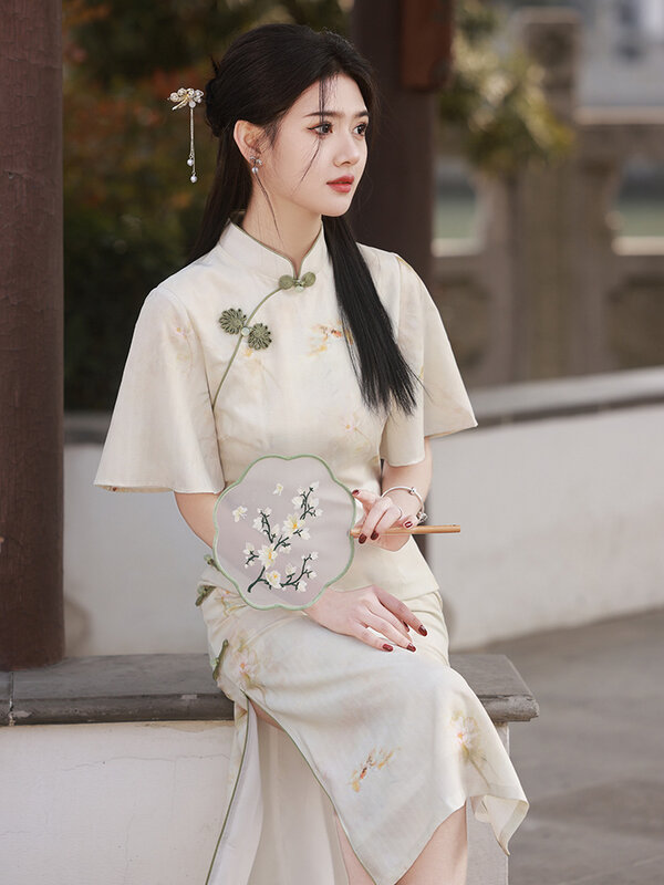 Gaun panjang Tiongkok tradisional Qipao wanita Satin bunga cetak kebesaran kostum Oriental klasik Cheongsam Split ramping seksi
