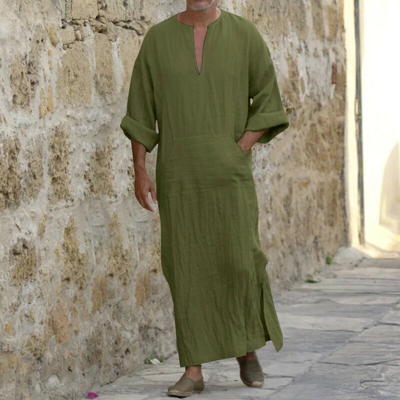 Abito musulmano da uomo con scollo a v tasche Casual in cotone/lino manica lunga allentata abito islamico etnico arabo Vintage maschile Jubba Thobe