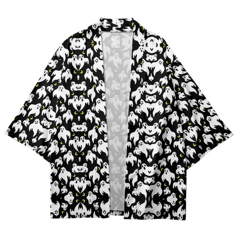 Кардиган-кимоно для мужчин и женщин, модная повседневная одежда в традиционном японском стиле, хаори, с черным принтом, азиатская одежда для косплея