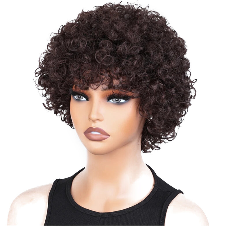 Debut Short Afro Curly Bob Human Hair Wigs With Bangs For Women Peruvian Remy Hair Wear and Go Natural Brown Kinky Curly Wigs