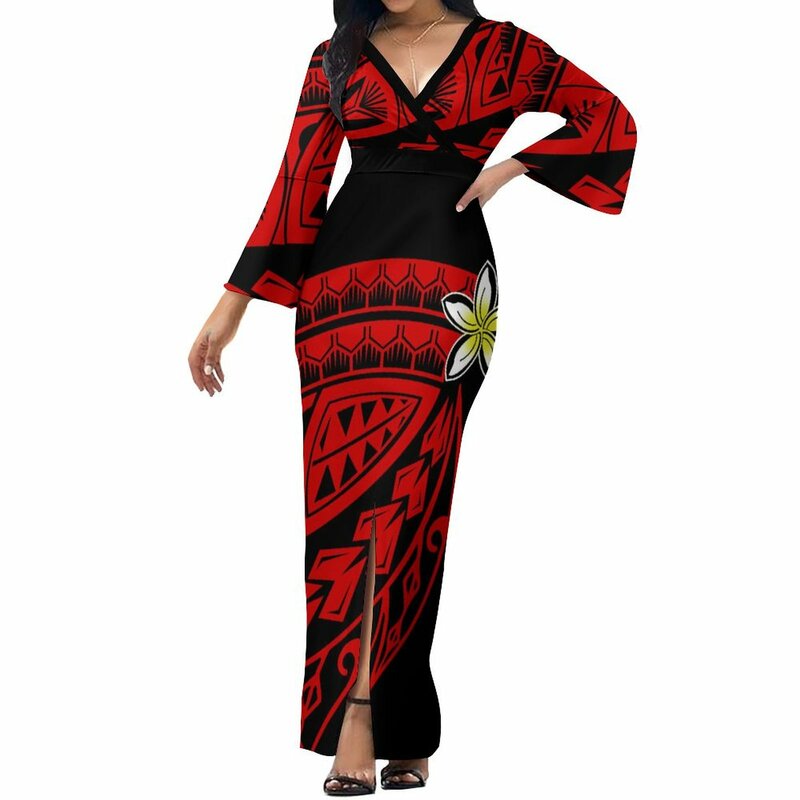 Vestido longo feminino estilo decote em v com peça única, cintura justa, design de fenda sexy, clube samoano