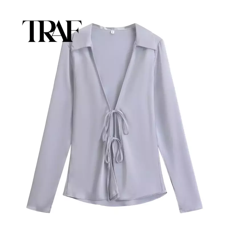 TRAF-قميص نسائي من نسيج الساتان الحريري ، ربطة عنق على شكل حرف V متعددة الاستخدامات ، زخرفة القوس ، أزياء غير رسمية ، الصيف