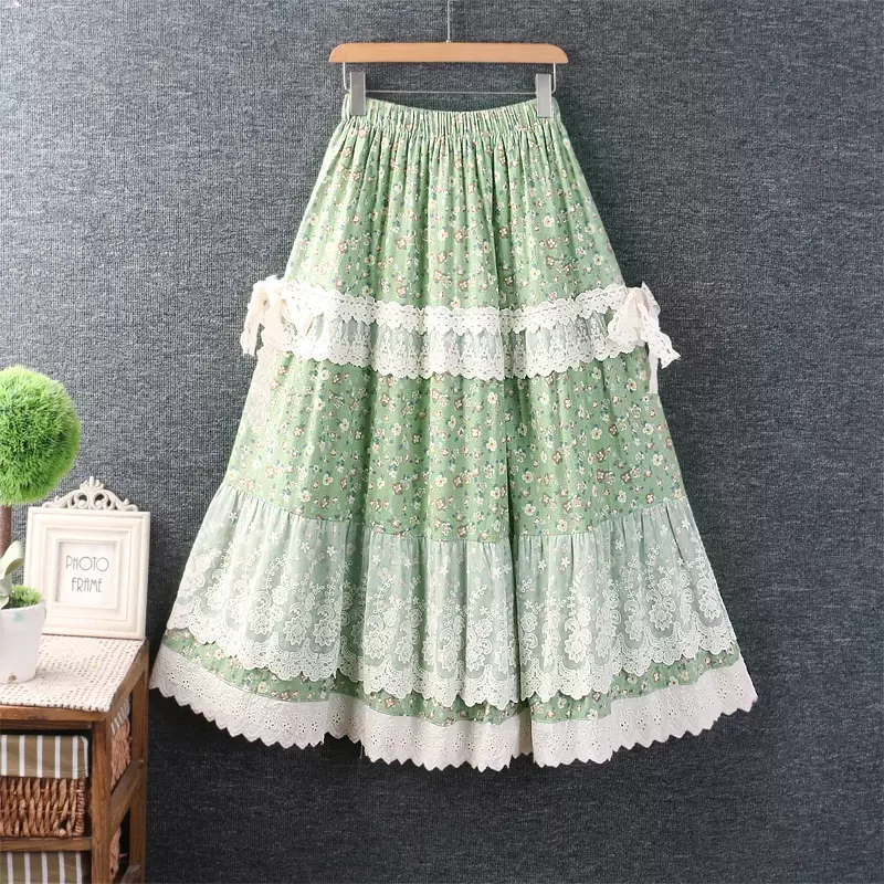 Falda con estampado Floral Mori para mujer, falda de retazos con bordado de encaje, cintura elástica, Retro, Vintage, algodón y lino, primavera y verano