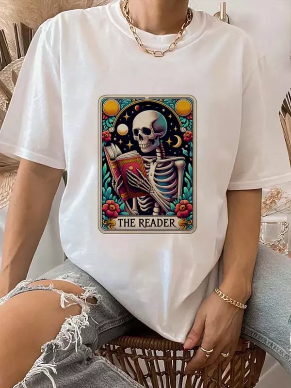 The Reader Watercolor Short Sleeved Cute and Fun Printed Women's T-Shirt Top Printed Short Sleeved Casual Versatile O-Neck T-Shi