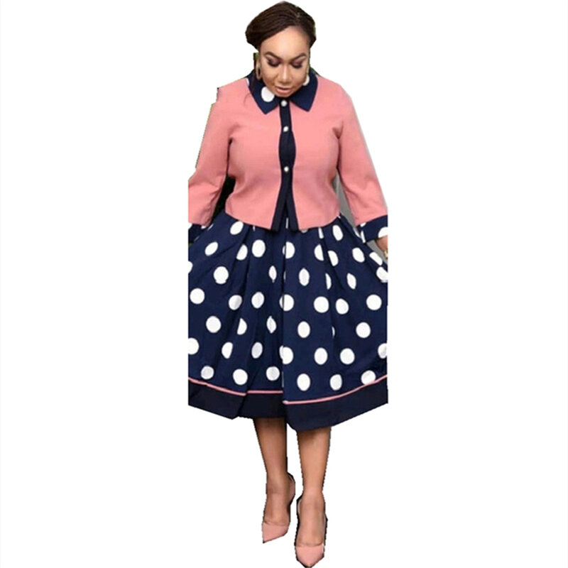 2021 새로운 뜨거운 판매 아프리카 스타일 플러스 크기 코트와 큰 웨이브 포인트 드레스 정장 여성을위한 두 조각 세트