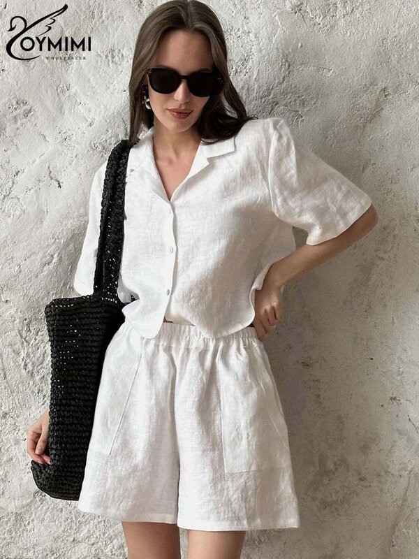 Элегантные белые хлопковые комплекты Oymimi для женщин, модные комплекты из 2 предметов, рубашка с отложным воротником и коротким рукавом, на пуговицах и простые шорты