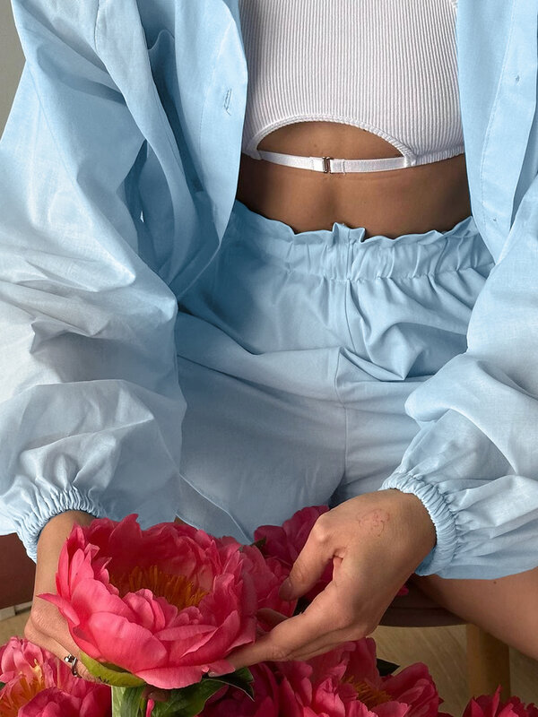 Marthaqiqi Set pakaian tidur wanita, piyama katun lengan panjang kerah lipat, Gaun malam celana pendek kasual biru untuk perempuan