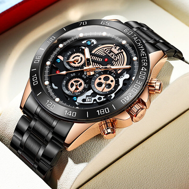 Origineel Ontwerp Olevs Luxe Merk Quartz Horloge Voor Mannen Mannelijke Lichtgevende Datum Waterdichte Horloges Zwart Stalen Band Reloj Hombre