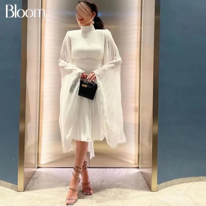 Bloom-gola alta plissada mangas Alargamento Vestidos de noite para baile, Chiffon na altura do joelho, elegante vestido formal, vestido de casamento, 2022