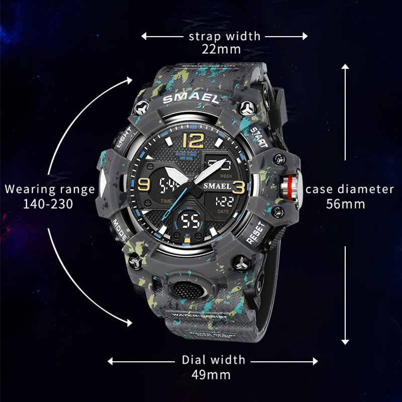 Smael腕時計スポーツミリタリー腕時計防水50メートルledライト週表示腕時計8008クォーツ時計デジタル