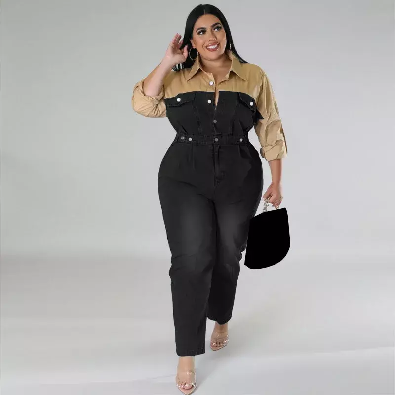 Джинсовый комбинезон WUHE в стиле пэчворк, женский элегантный цельный комбинезон с длинным рукавом, джинсовый комбинезон, Повседневная Уличная одежда