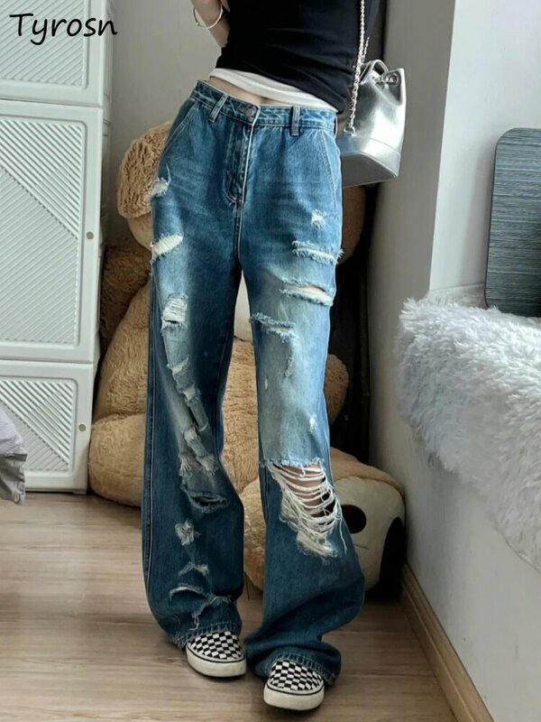 Женские джинсы в американском стиле, летняя винтажная уличная одежда с дырками и высокой талией, повседневные Простые нежные прямые, Лидер продаж, свободные