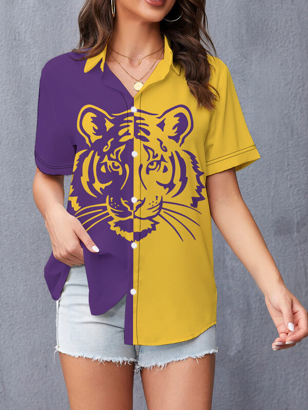 Camisa de manga corta de moda simple para mujer, camisa de manga corta con estampado digital 3D de tigre animal, camisa popular de calle de verano