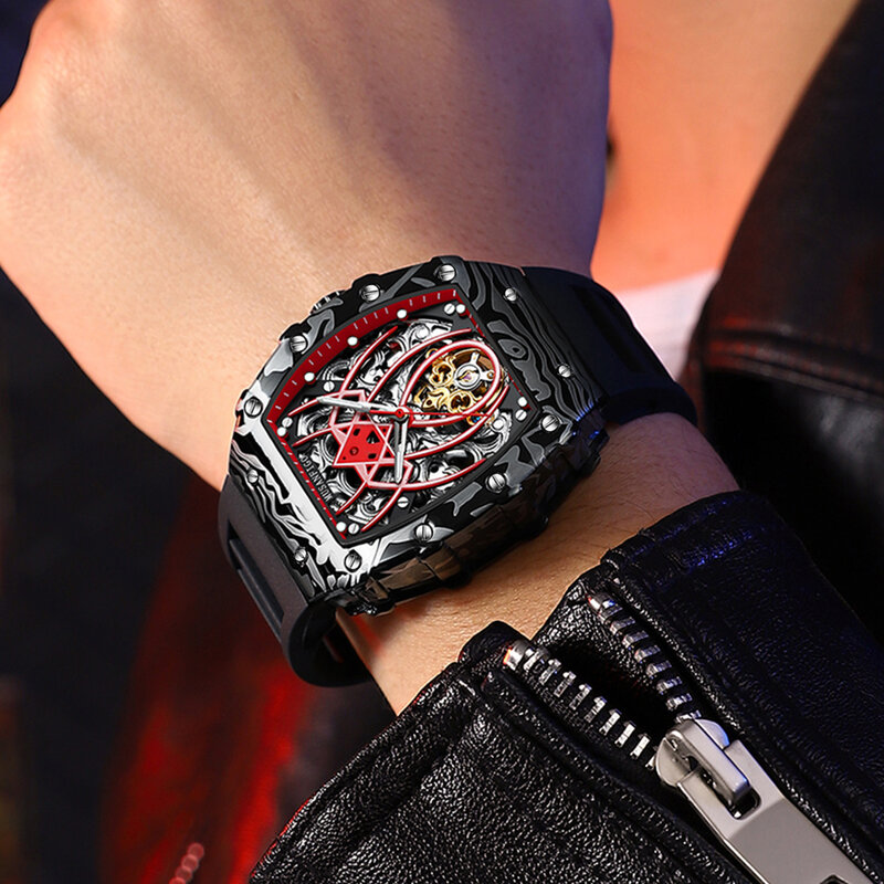 Myanfigo-男性用の完全な自動機械式時計,防水,夜に輝く,本物のトレンディな時計