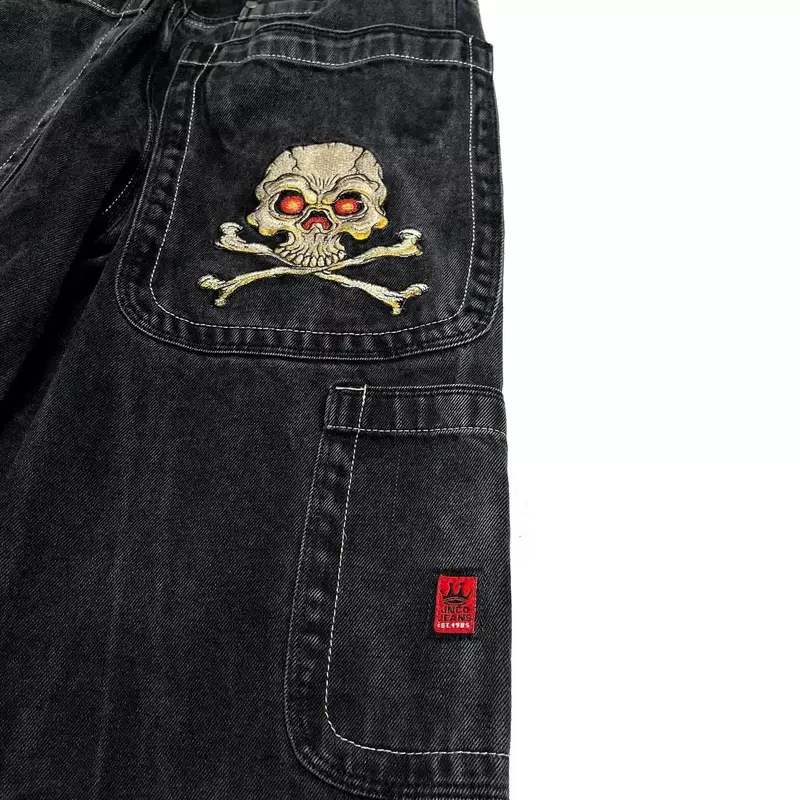 JNCO-pantalones vaqueros con bordado gráfico de calavera Retro Para hombre y mujer, Jeans holgados de Hip Hop Harajuku, pantalones vaqueros góticos de cintura alta, Pantalones anchos