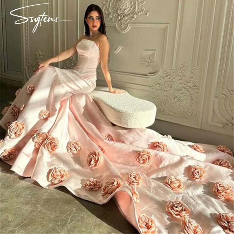 Vintage Pink 3D Flowers Saudi Arabic Women Formal Party Evening Dresses Strapless Long Floor Length Prom Dress Night Occasion