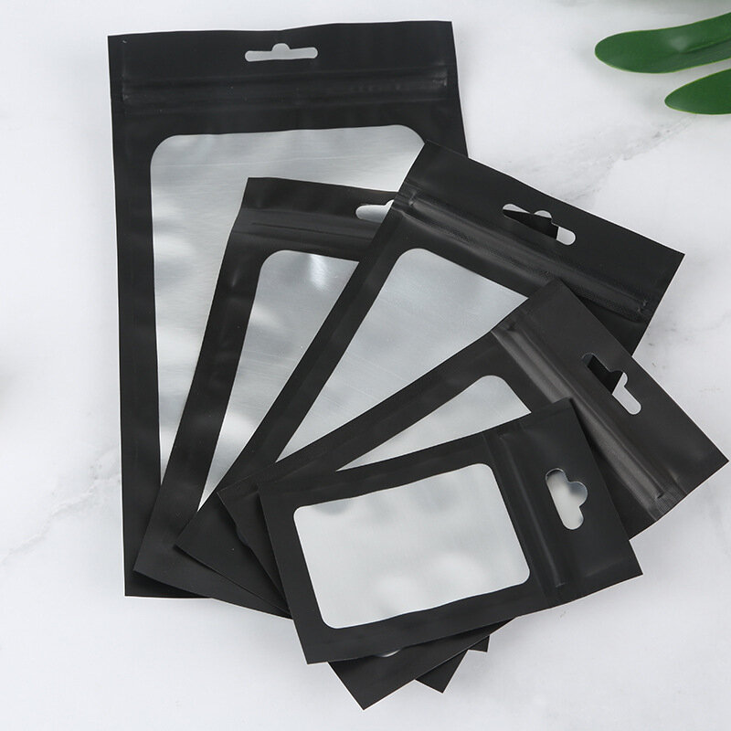 Bolsa de papel de aluminio negro de 50 piezas, bolsa de Mylar autosellante reutilizable, bolsas colgantes con cierre hermético con ventana transparente para embalaje de exhibición de joyería Diy