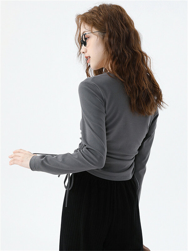 Tops cortos de algodón de punto con cuello en V para mujer, camisetas elásticas de 2 lados, lisas, delgadas, de manga larga, moda urbana
