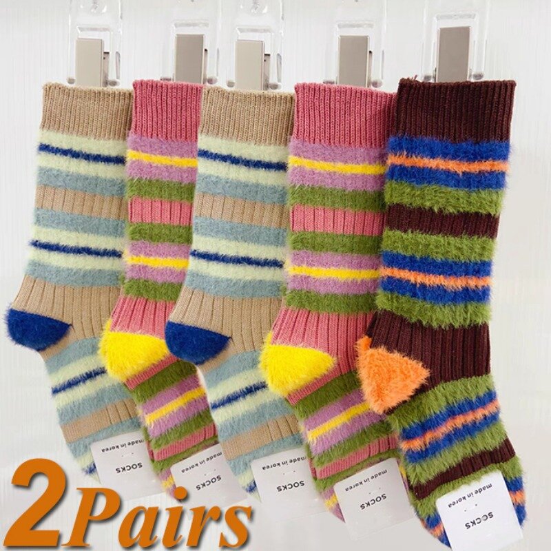 Носки женские полосатые бархатные с цветными блоками, 1/2 пары