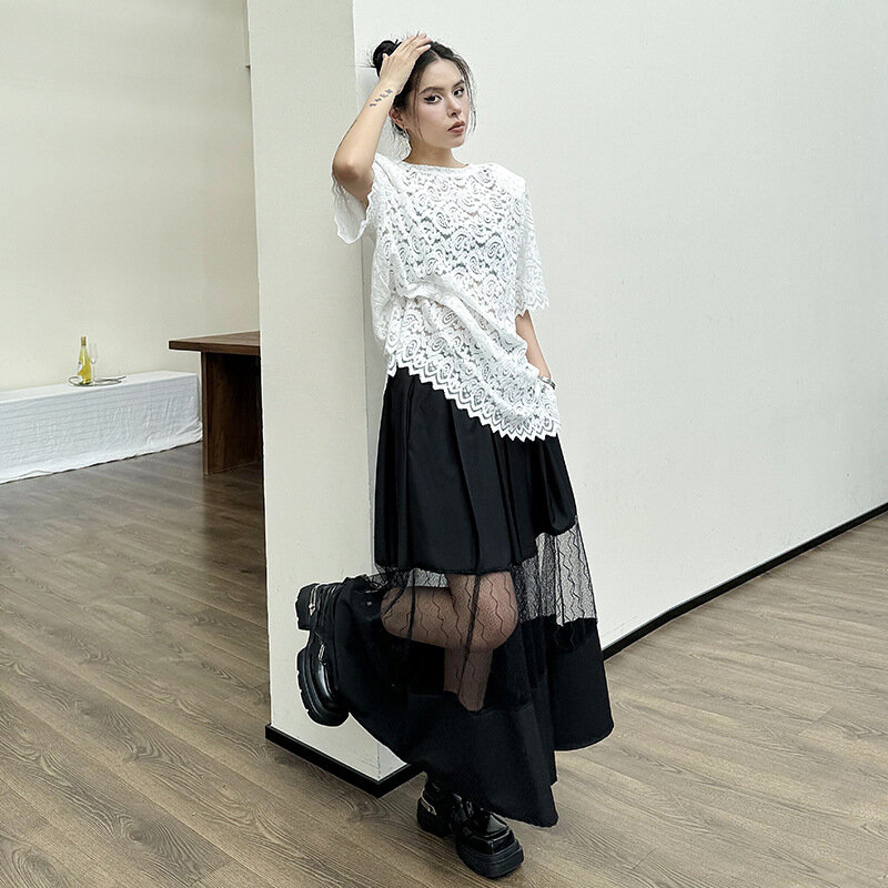 Wysoka elastyczna talia czarna nieregularna siateczkowa spódnica Midi pół-body damska moda nowa wiosna jesień 2024