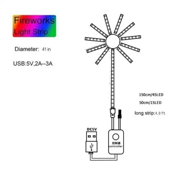 Bande lumineuse LED intelligente en forme de feu d'artifice Rgbic, Bluetooth, néon, USB, 5V, décoration de fête de Noël