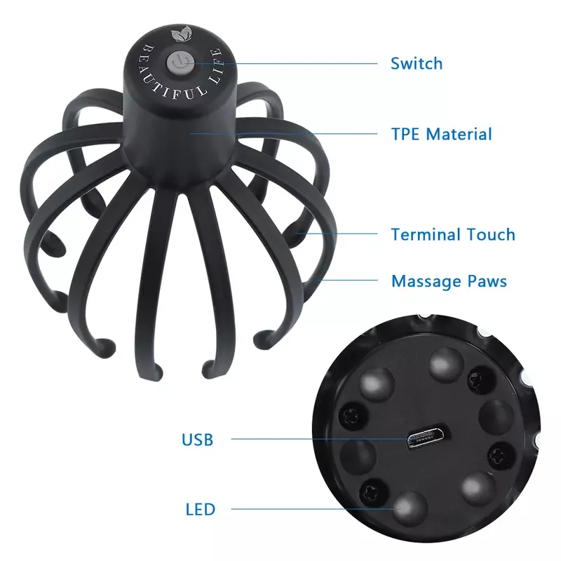 Masseur de tête électrique avec trois vitesses 12 griffes de massage TPE Dispositif de massage de tête rechargeable USB