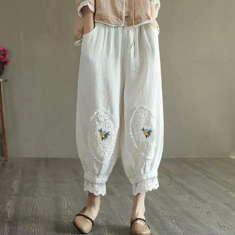 Women Cotton Linen Pants Elastic Waist Pocket Lace Patchwork Flower Embroidery Solid Color Lantern Cropped Pants Female Clothes