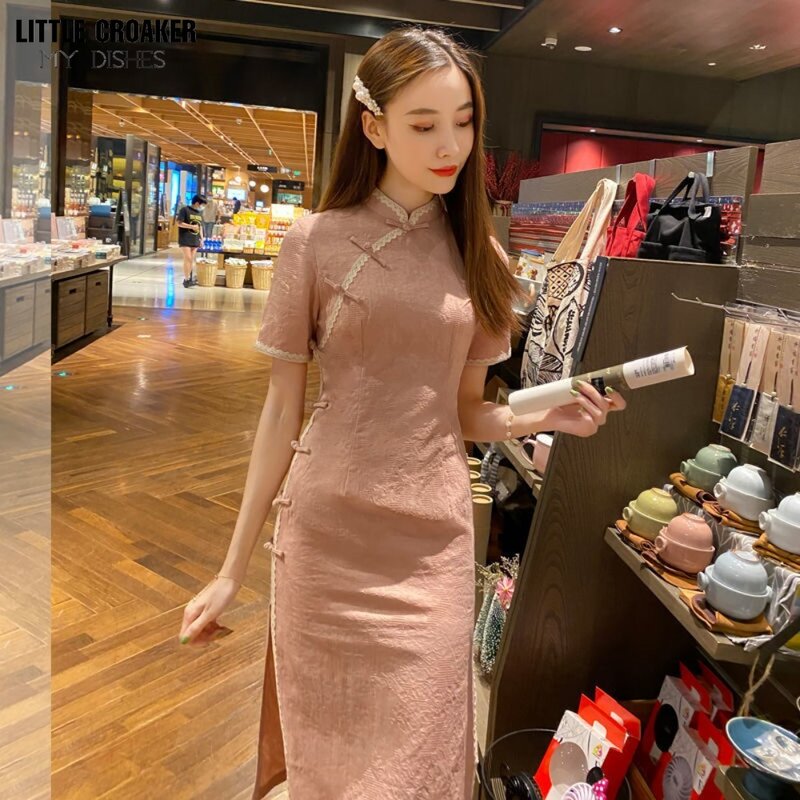 Cheongsam Qipao melhorado para mulher, chinoiserie rosa, vestidinho vintage fresco, jovem, elegante, verão