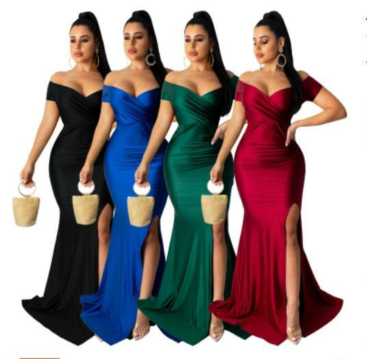 Women's Sexy Dress Nightclub V-neck Solid Slit Long Skirts Fashion Elegant Vestidos Short Sleeves Evening Party Women Dresses
